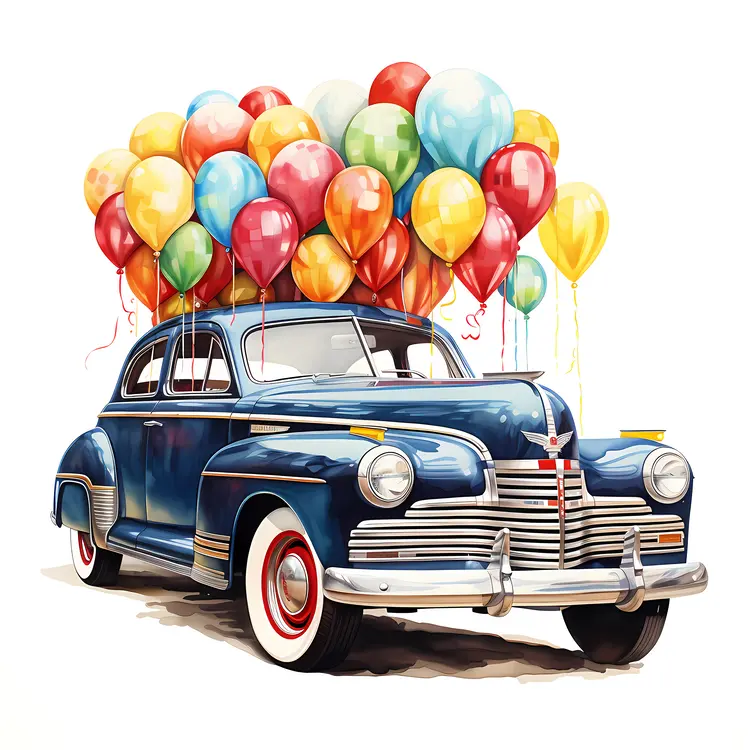 Vintage Blue Car with Colorful Balloons for Celebration
