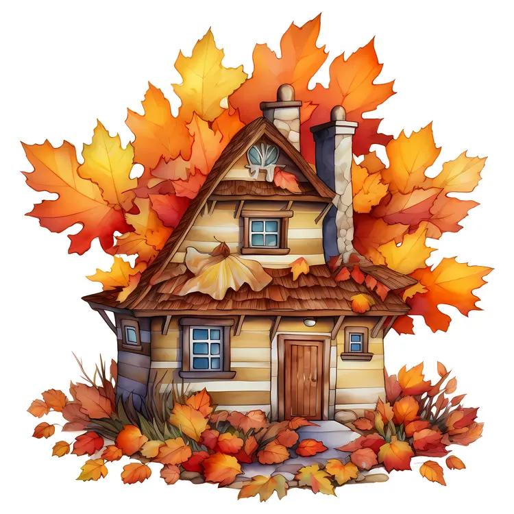 Small Cute Doodle House with Autumn Leaves