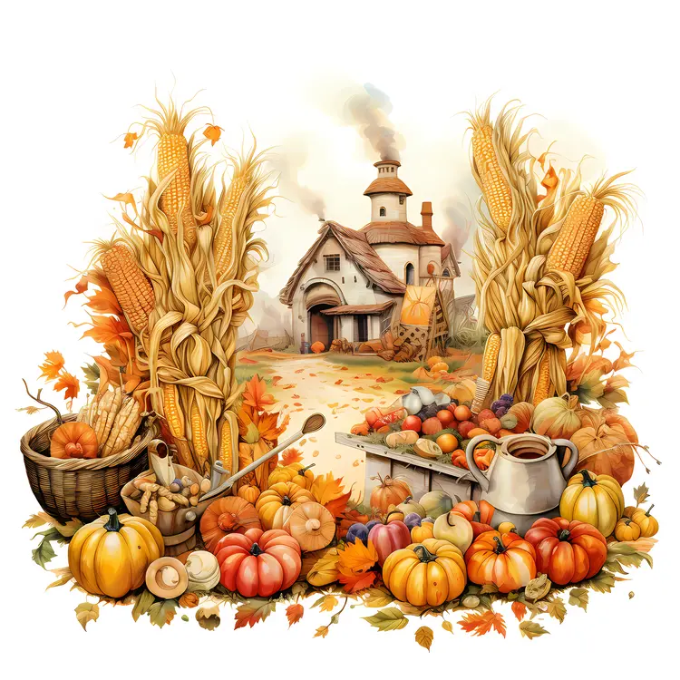 Autumn Harvest Scene with Pumpkins and Corn