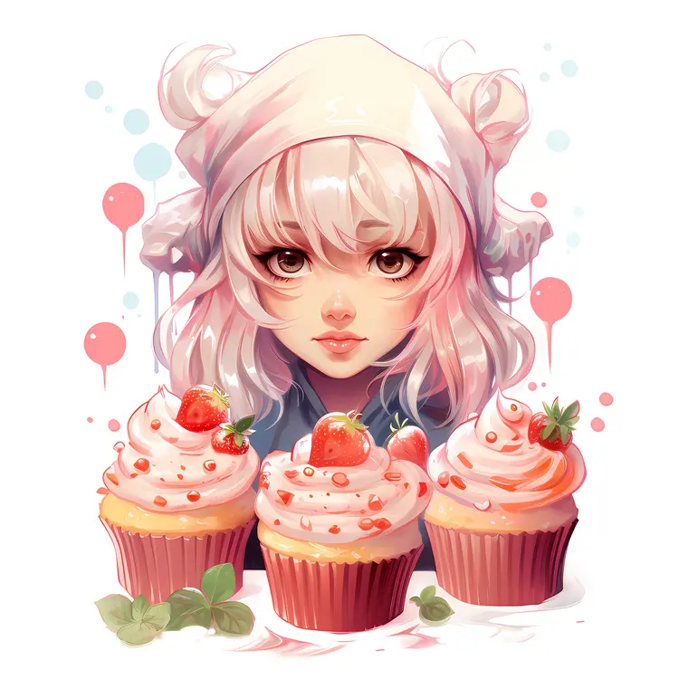 Cute Girl with Strawberry Cupcakes