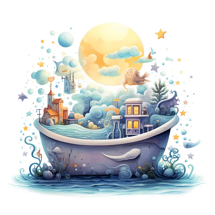 Dreamy Bathtub with Cityscape and Stars