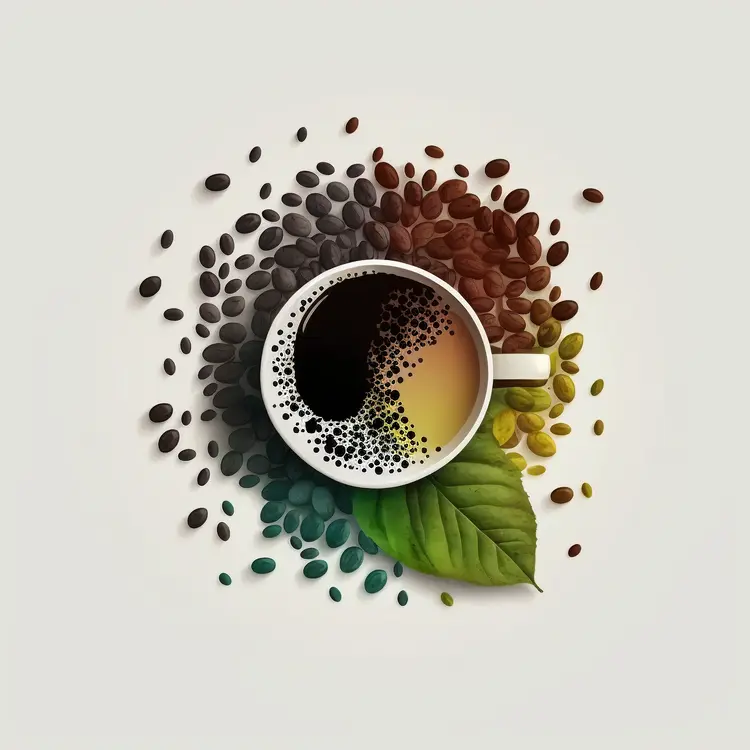 Artistic Coffee Cup with Beans and Leaf
