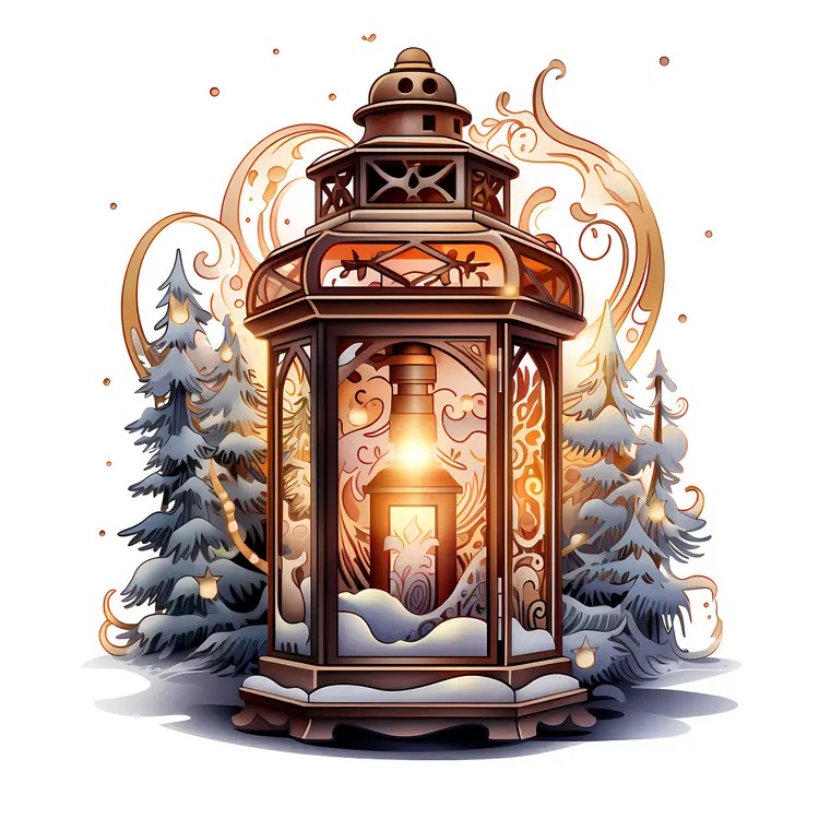Bronze Lantern with Snow and Christmas Trees