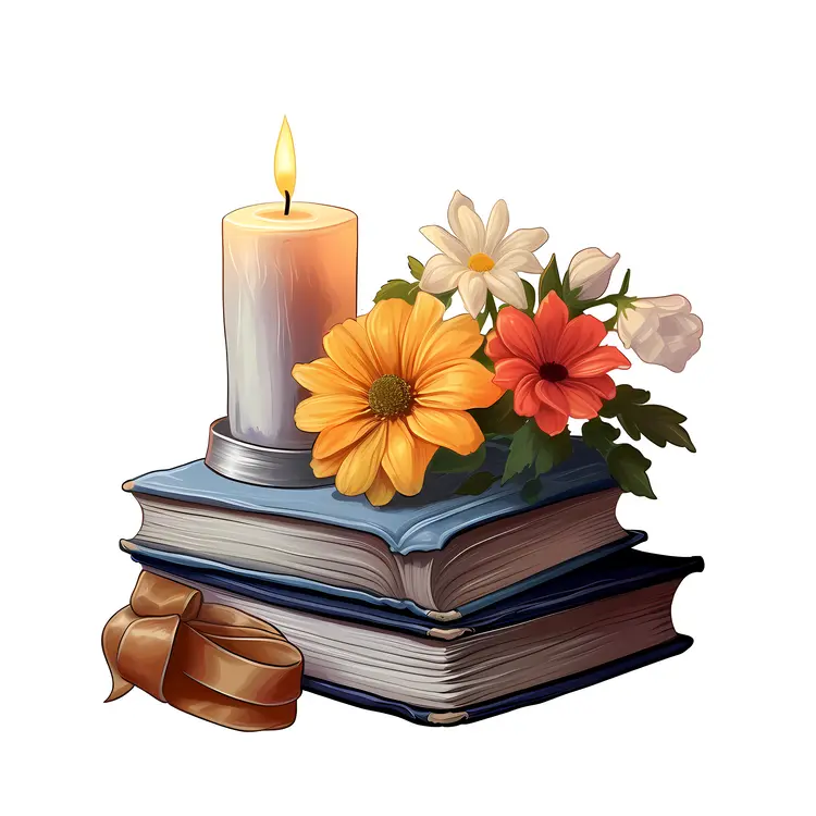 Candle with Books and Flowers