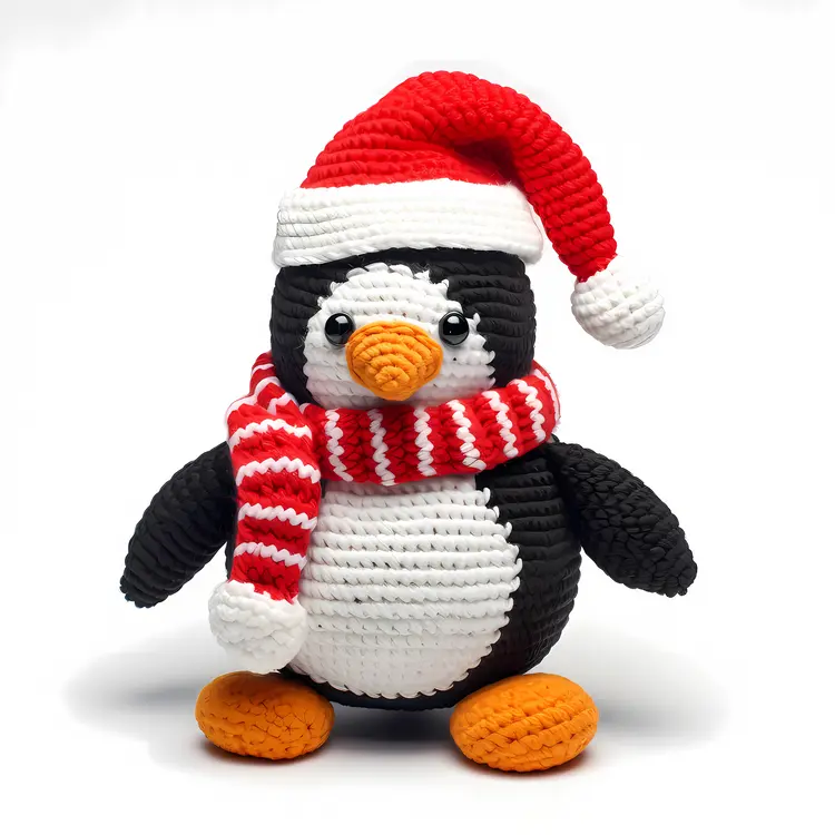 Crochet Penguin with Red Scarf and Santa Hat