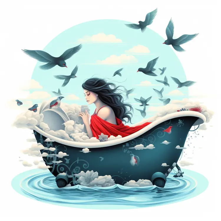 Dreamy Bathtub with Woman and Birds