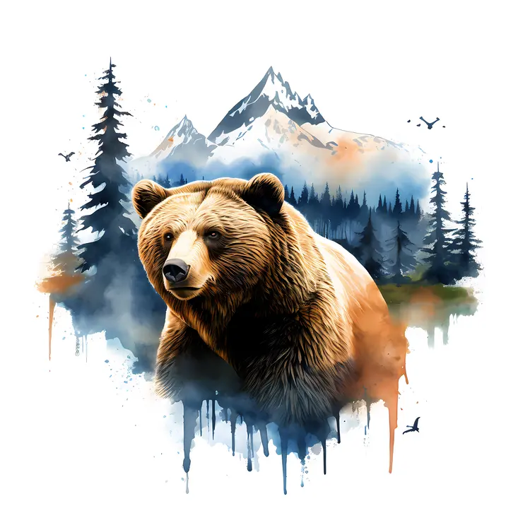 Bear in Forest with Mountain Background