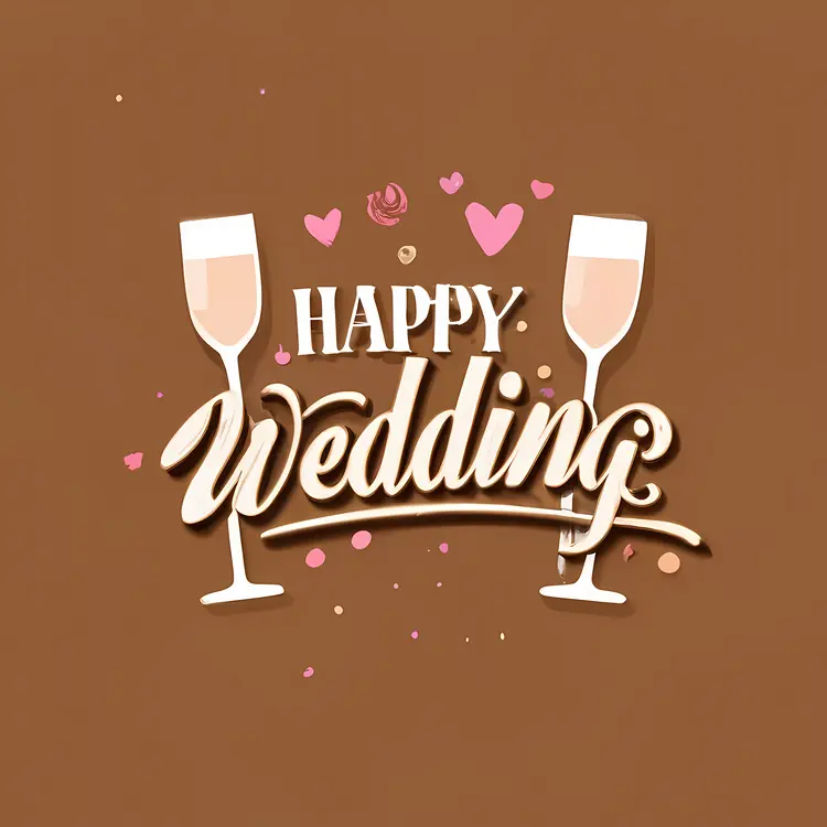Happy Wedding Text with Champagne Glasses and Hearts