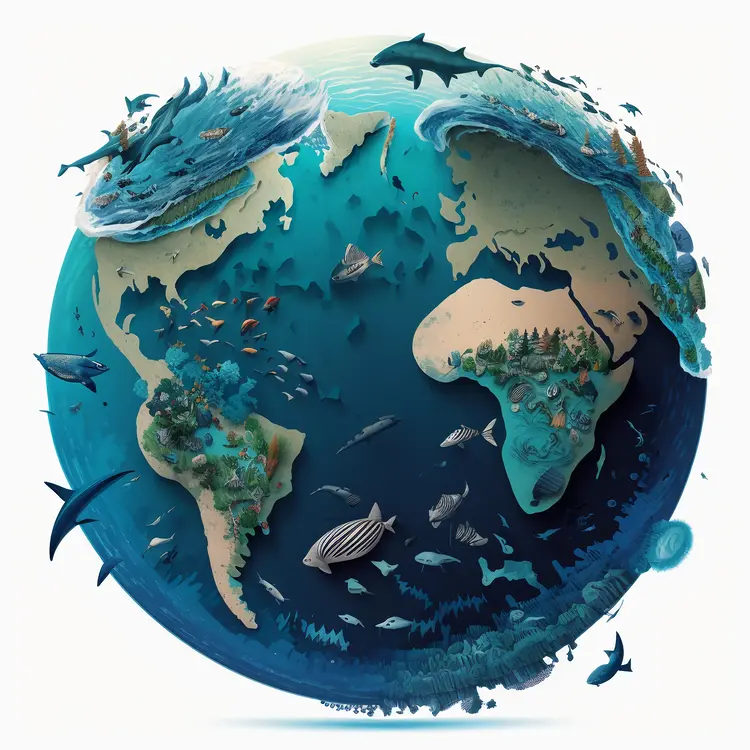 Artistic Earth Map with Marine Life
