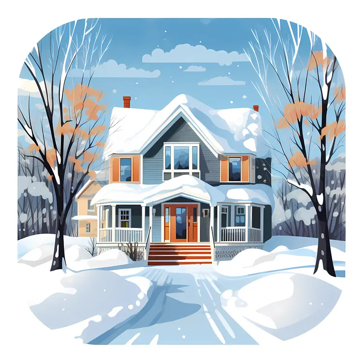 Gray House in Snowy Winter