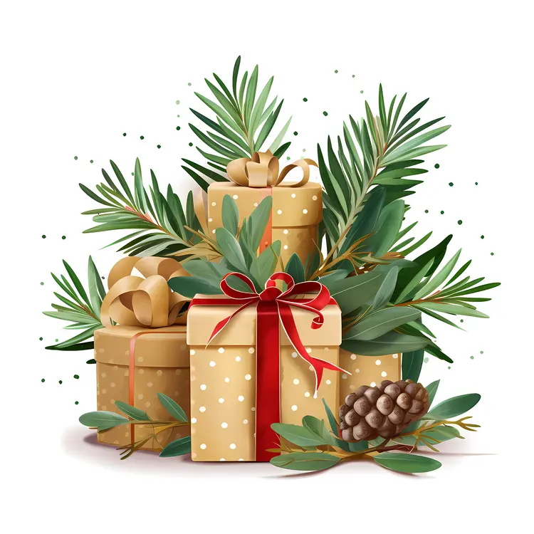 Stacked Christmas Gift Boxes with Pine Branches