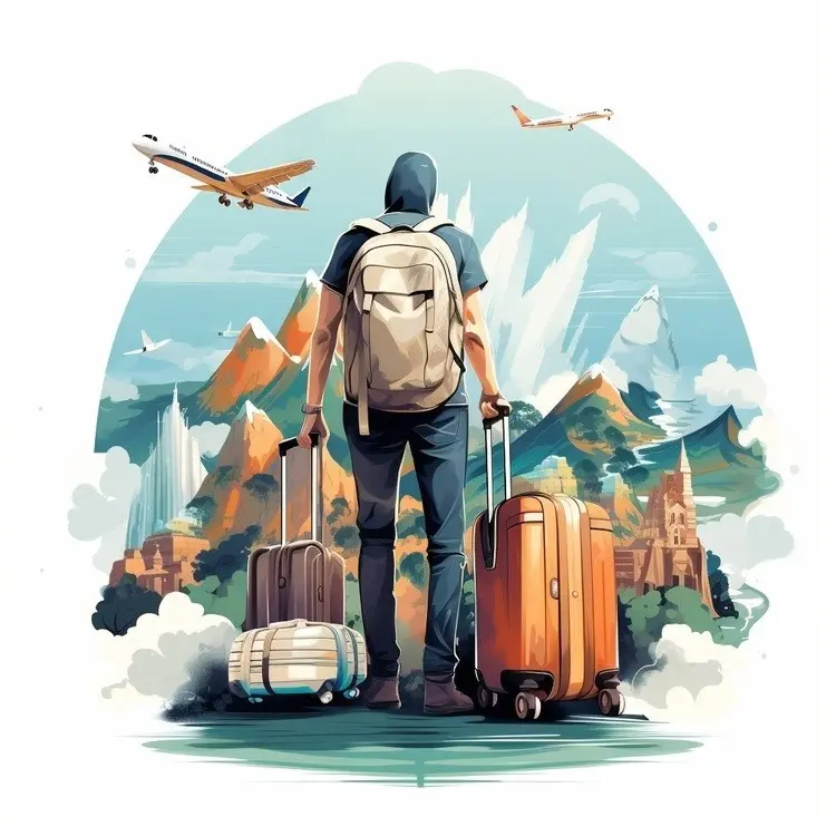 Traveler with Luggage and Airplanes