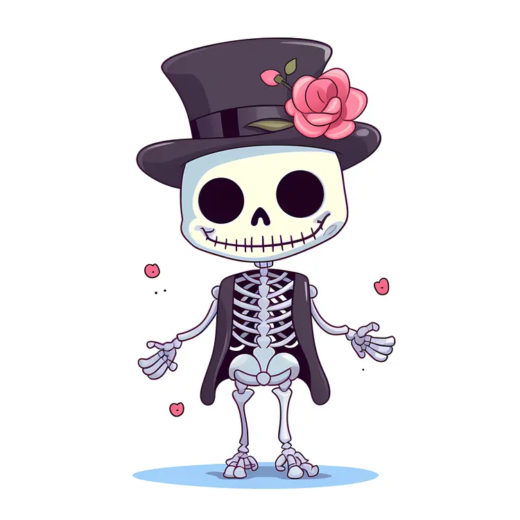 Cute Skeleton with Top Hat and Rose