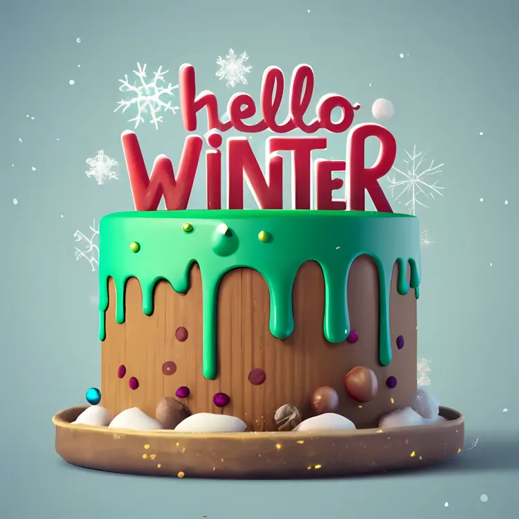 Hello Winter Text on Cake with Snowflakes