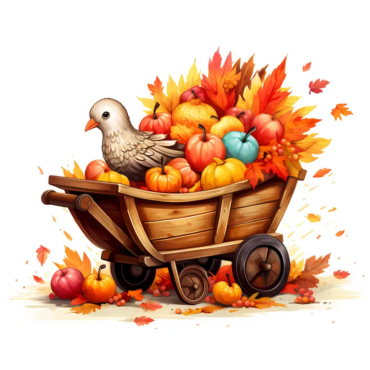 Autumn Wheelbarrow with Pumpkins and Leaves