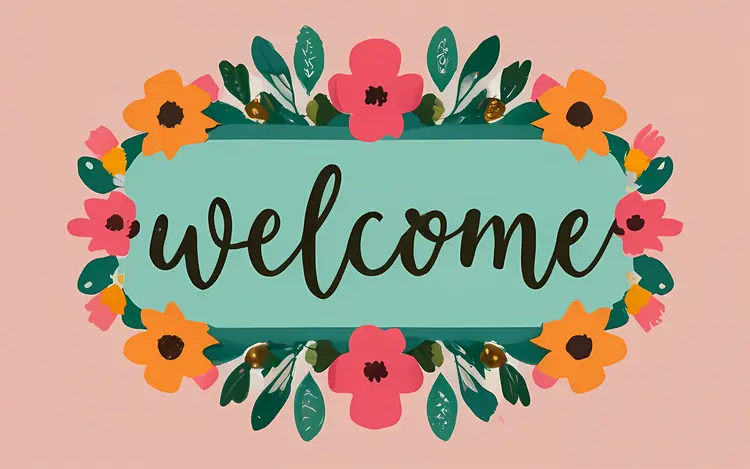 Welcome Text with Flowers on Pink Background