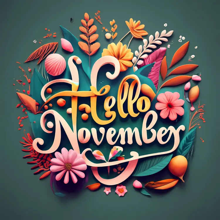 Hello November with Colorful Flowers and Leaves