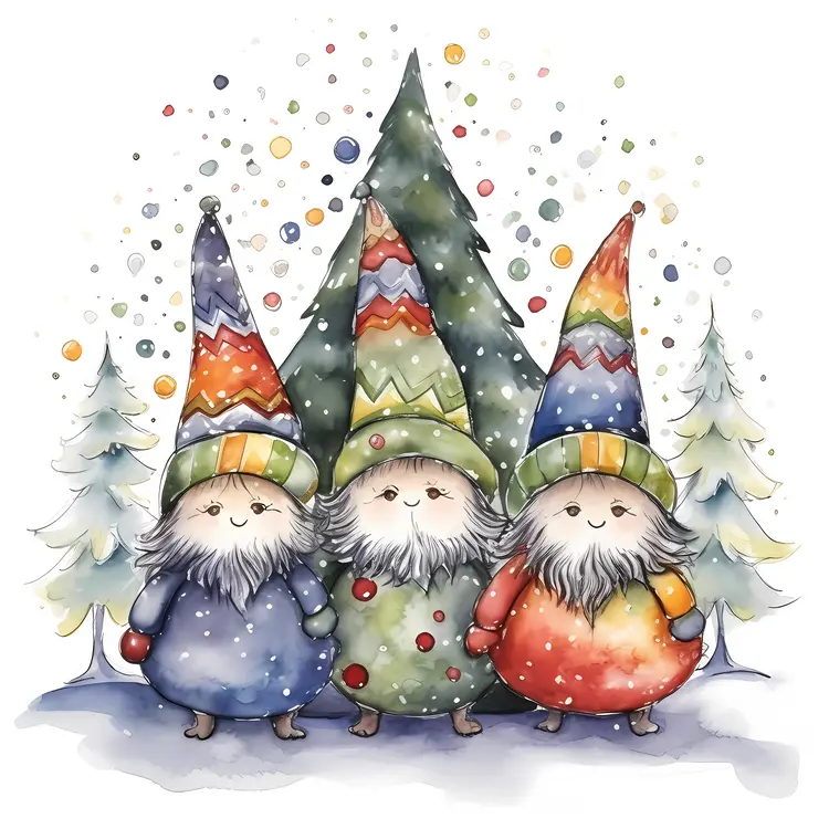 Three Cute Gnomes with Christmas Tree