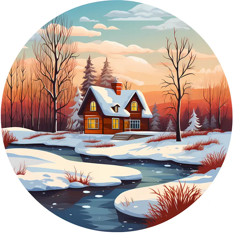 Snowy Cabin at Sunset