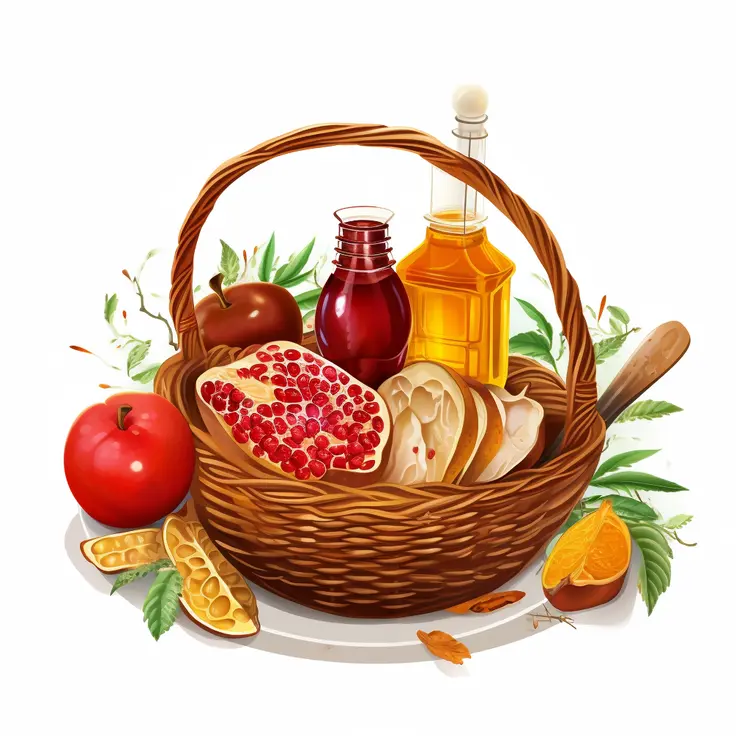 Festive Basket with Fruits and Honey for Rosh Hashanah