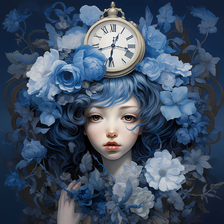 Blue-haired Girl with Clock and Flowers