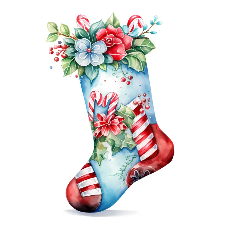 Festive Christmas Stocking with Candy Canes and Flowers