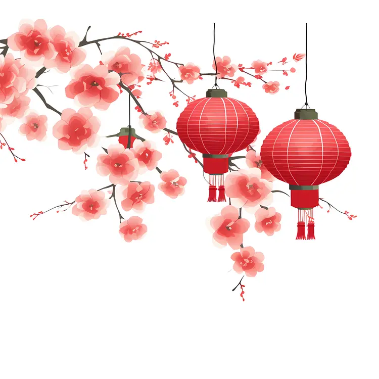 Red Lanterns and Cherry Blossoms for Chinese New Year Celebration