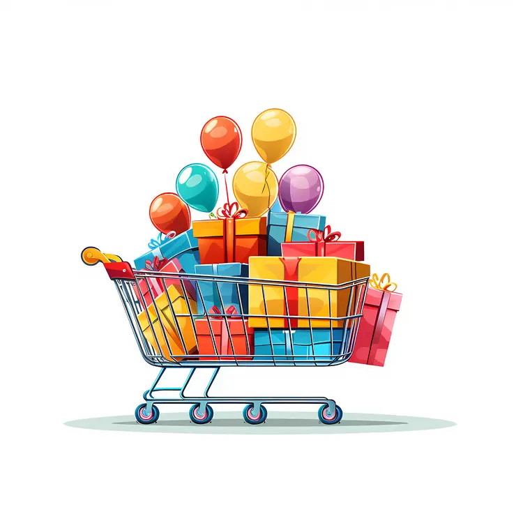 Shopping Cart Filled with Colorful Gifts and Balloons