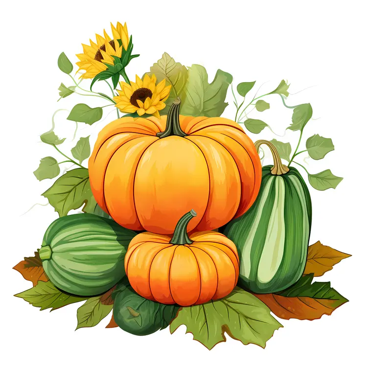 Pumpkins with Sunflowers and Leaves