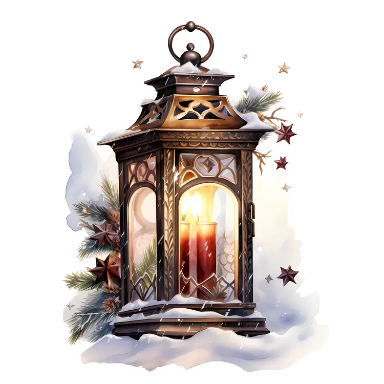 Vintage Lantern with Candle and Snow for Christmas