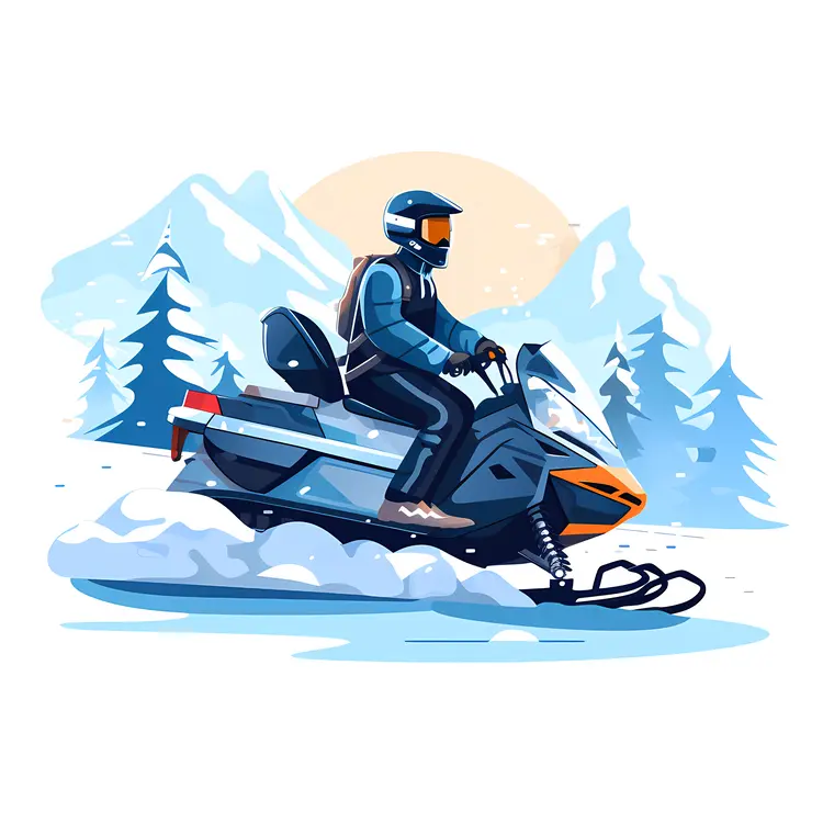 Snowmobile in Blue Riding Through Snowy Mountains