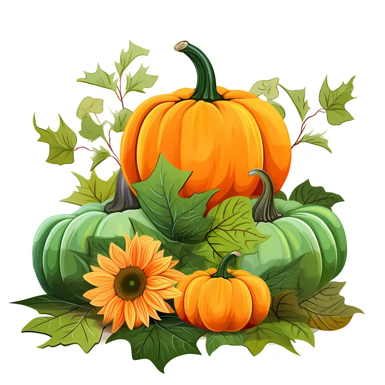 Pumpkins with Sunflower and Leaves
