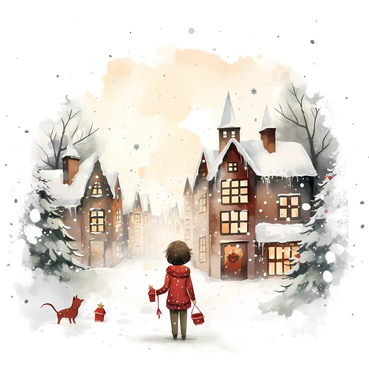Person with Lantern in Snowy Village