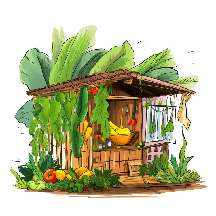 Small Cute Doodle House with Vegetables and Plants