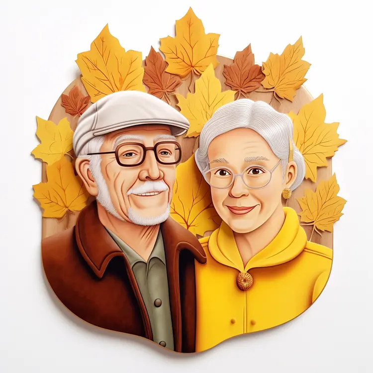 Elderly Couple Portrait with Autumn Leaves
