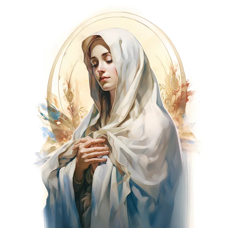 Serene Woman in White Veil with Religious Background