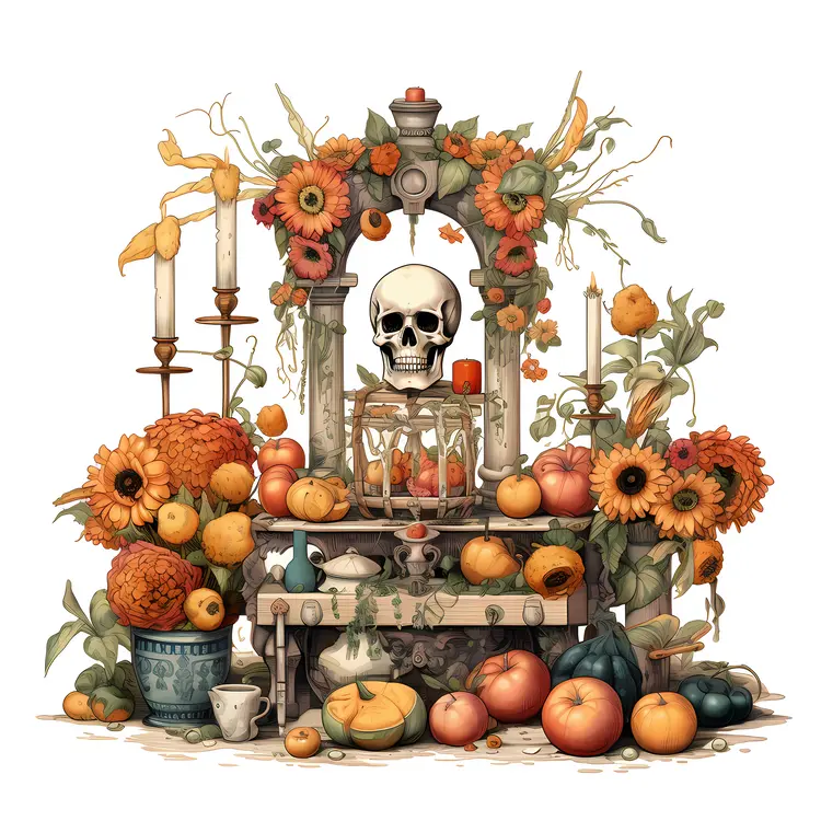 Skull and Pumpkins Autumn Decor