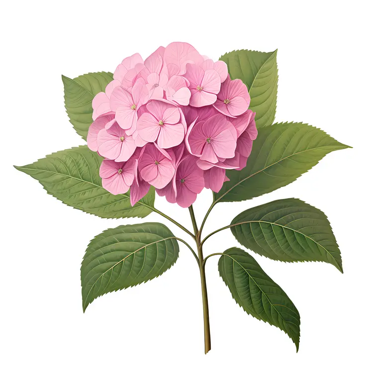 Single Pink Hydrangea Bloom with Green Leaves