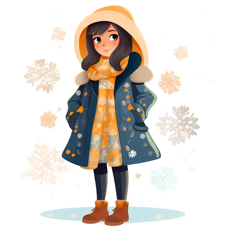 Cute Girl in Winter Clothing with Snowflakes