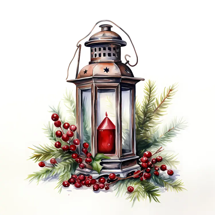 Lantern with Red Candle and Berries