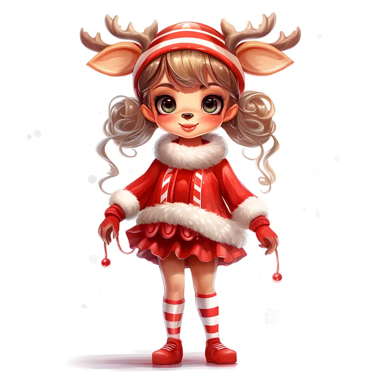 Reindeer Girl in Red Dress for Christmas