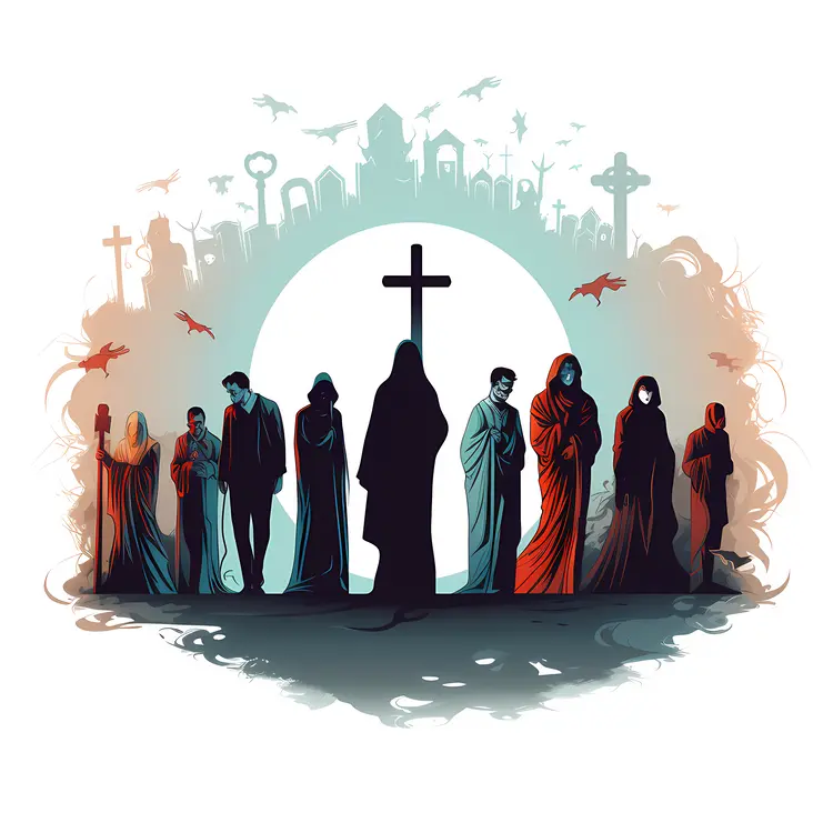 Monks and Nuns in Front of Church Silhouette