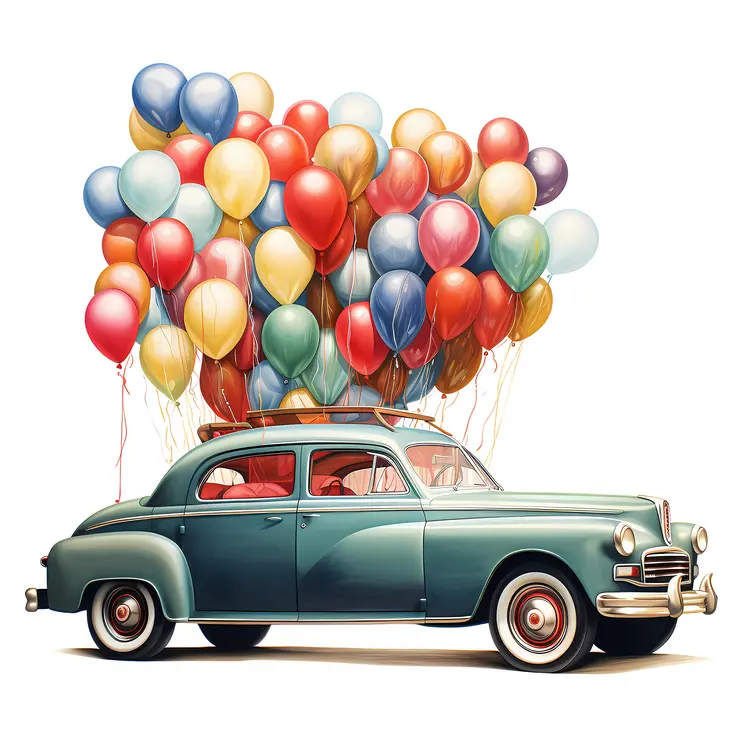 Vintage Car with Colorful Balloons for Celebration