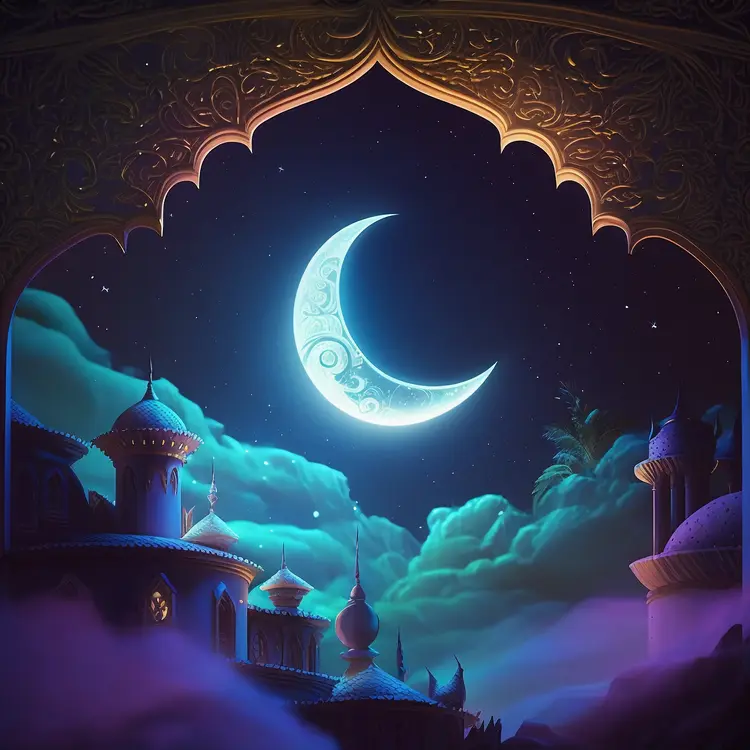 Crescent Moon Over Mystical Night Sky for Ramadan