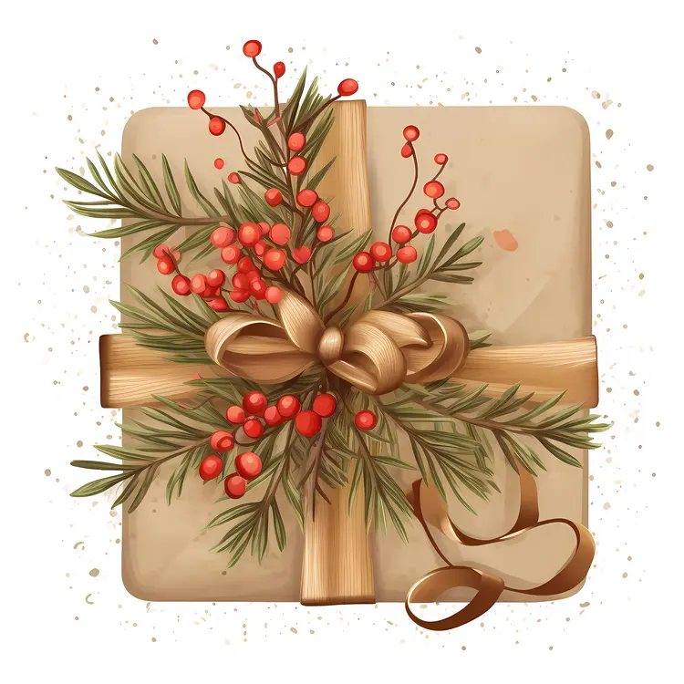 Square Gift Box with Golden Ribbon and Berries