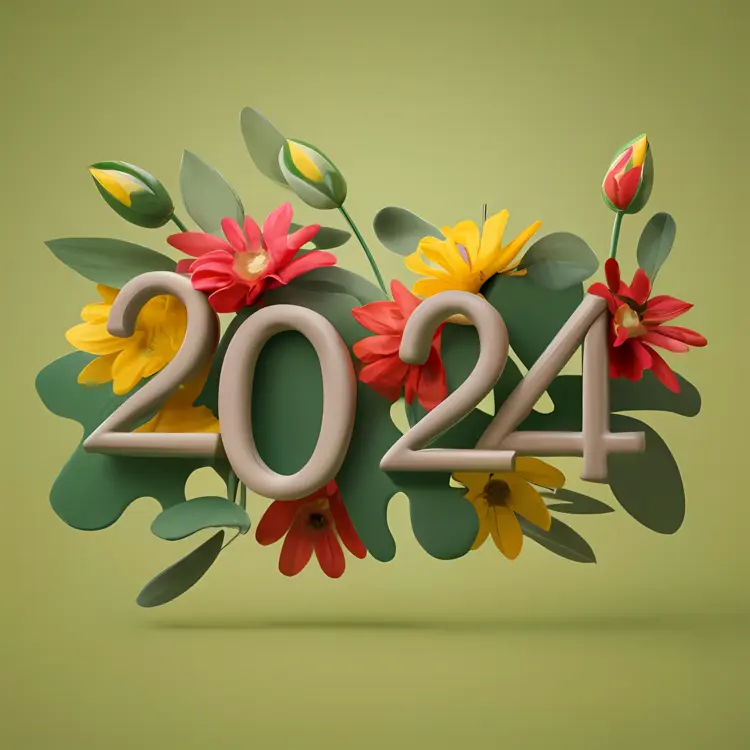 2024 with Flowers on Green Background