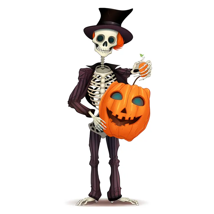 Skeleton with Pumpkin in Halloween Costume