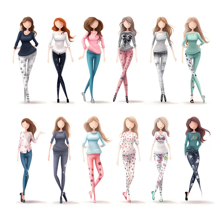 Group of Cartoon Women in Various Leggings