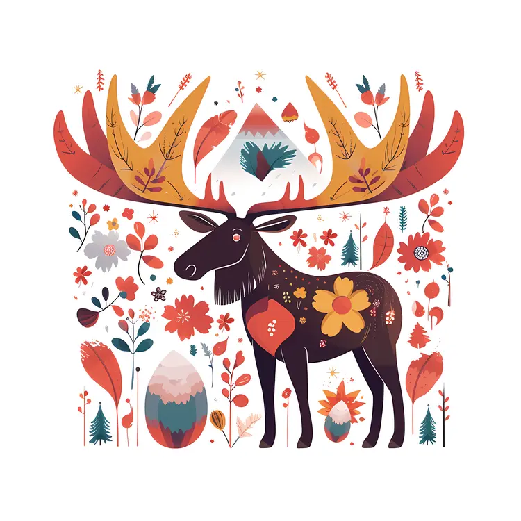 Decorative Moose with Flowers Illustration