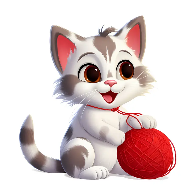 Cute Kitten Playing with Red Yarn Ball